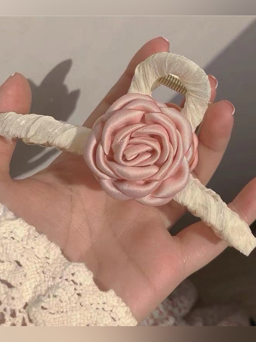 Anthropologie Pink Rose Fabric Hair Clip with Cream Wrapped Clip